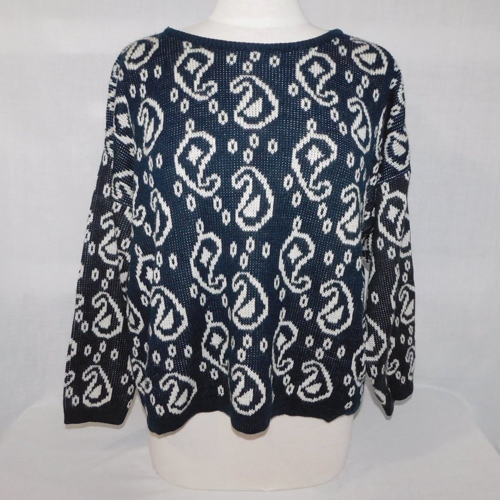 VTG Joan Harper Black White Paisley Pattern oversized Pullover Sweater Women M